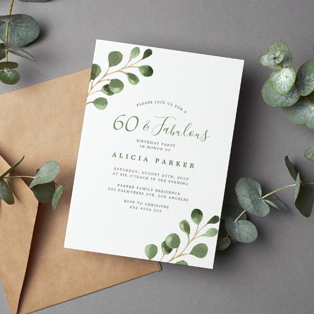 60th Birthday party eucalyptus watercolor elegant Invitation (Creator Uploaded)