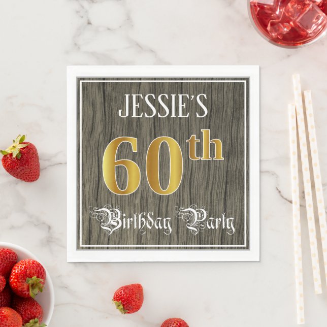 60th Birthday Party — Faux Gold & Faux Wood Looks Napkin (Insitu)