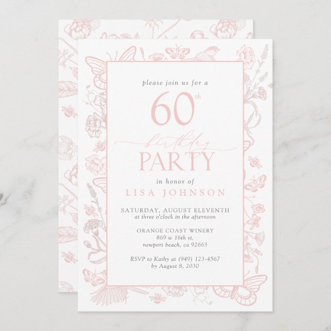 60th Birthday Party Feminine Blush Pink Floral Invitation (Front/Back)