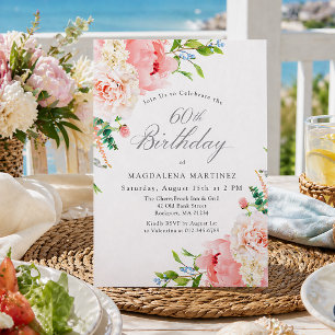 60th Birthday Party Feminine Pink Roses Floral Invitation