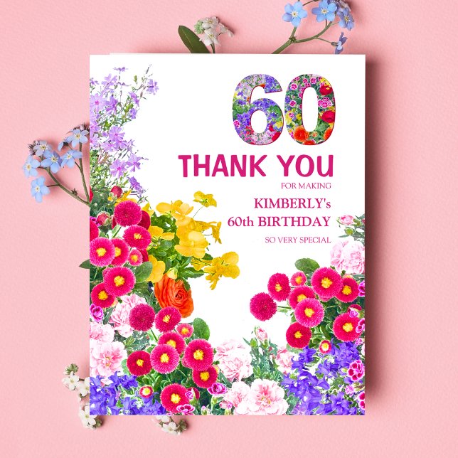 60th birthday party floral flat thank you card (Creator Uploaded)