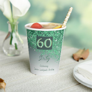 60th Birthday Party Gleaming Green Glitter Paper Cups