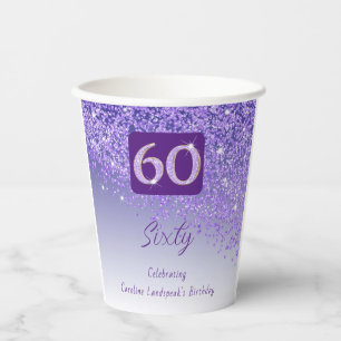 60th Birthday Party Gleaming Purple Glitter Paper Cups