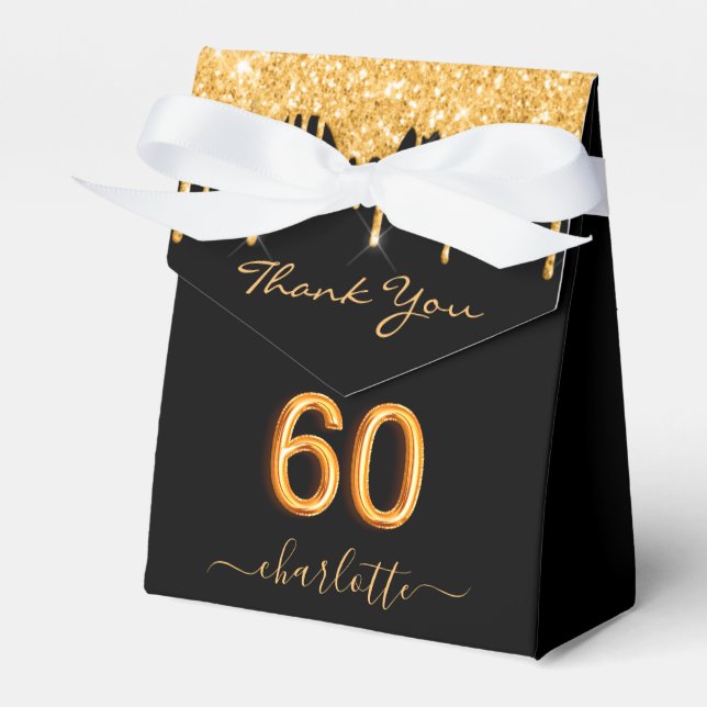 60th birthday party glitter black gold sparkle favour box (Front Side)