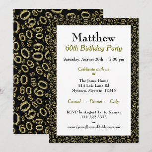 60th Birthday Party Gold and Black Number Pattern Invitation