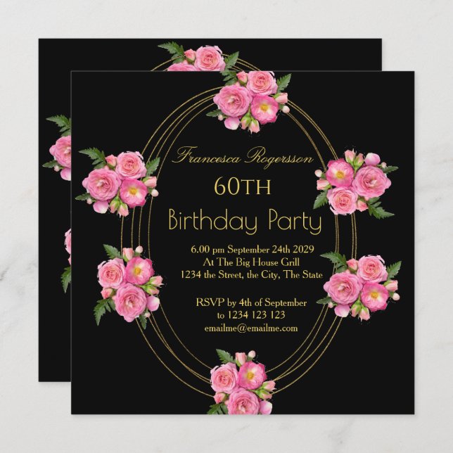 60th Birthday Party Gold Black Pink Flowers  Invitation (Front/Back)