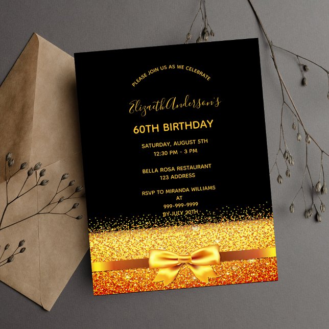 60th birthday party gold black sparkle invitation postcard (Creator Uploaded)
