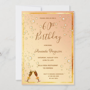 60th birthday party gold bubbles glam invitation