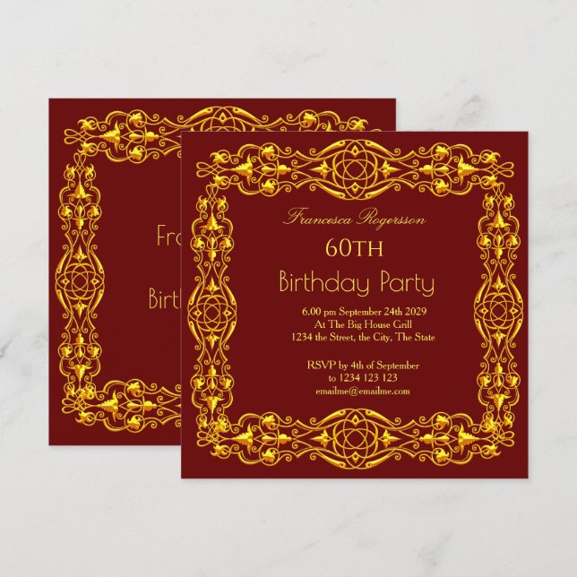 60th Birthday Party Gold Burgundy Invitation (Front/Back)