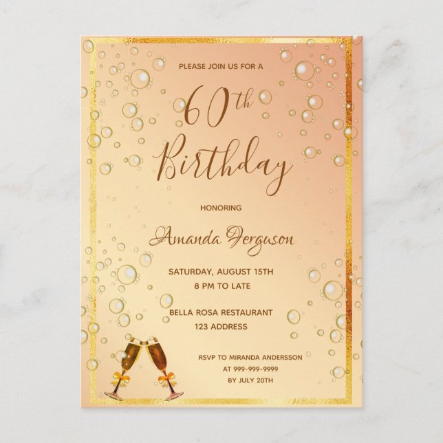 60th birthday party gold champagne invitation postcard (Front)