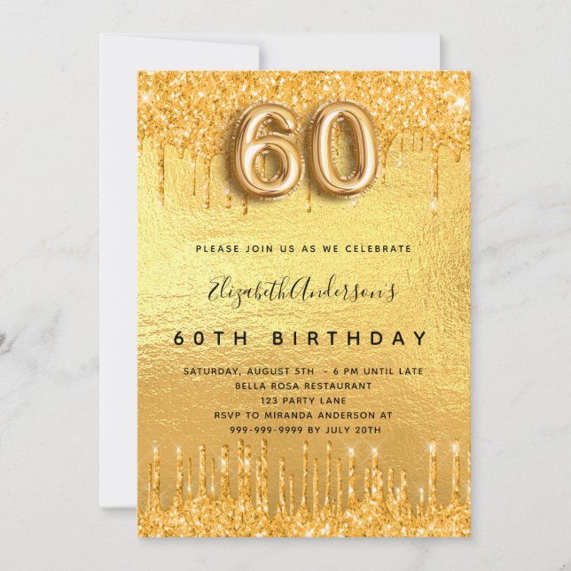 60th birthday party gold glitter drips invitation (Front)