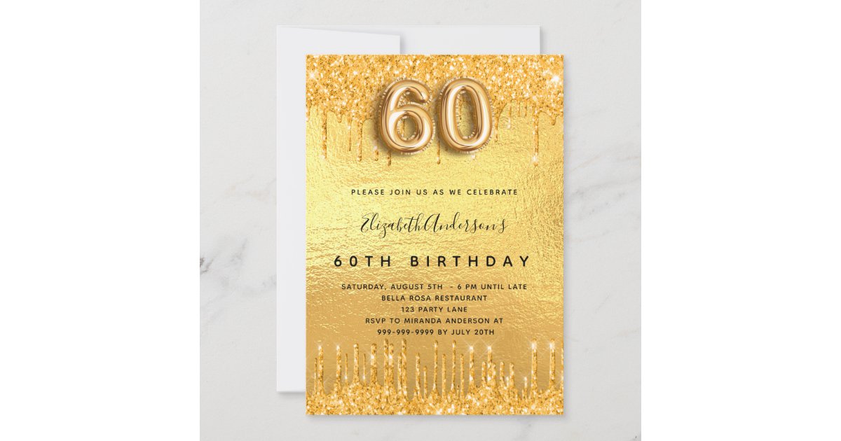 60th Birthday Party Gold Glitter Drips Invitation Zazzle