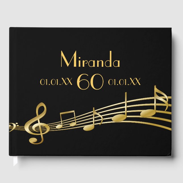 60th birthday party gold music notes on black guest book (Front)
