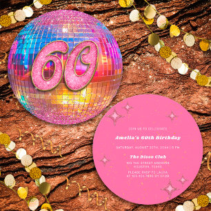 60th Birthday Party Gold Pink Glitter Disco Ball Invitation