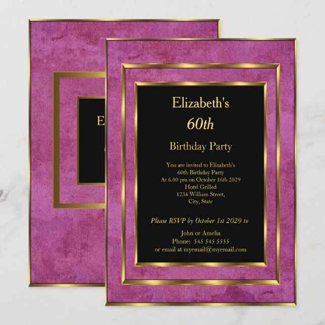 60th Birthday Party Gold Purple Black  Invitation (Front/Back)