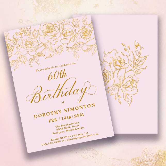 60th Birthday Party Gold Rose Floral Blush Pink Invitation (Creator Uploaded)