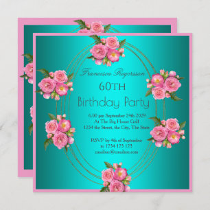 60th Birthday Party Gold Teal Pink Flowers Invitation