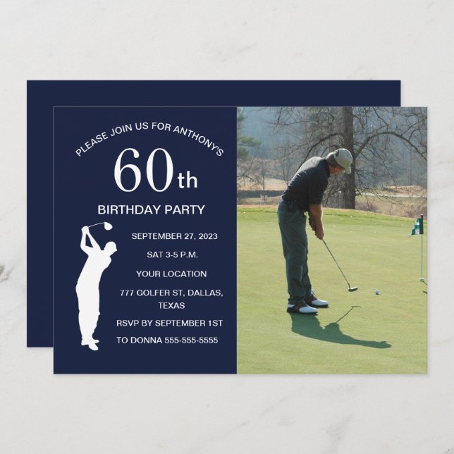 60th Birthday Party Golfer Blue Par Golf Photo Invitation (Front/Back)