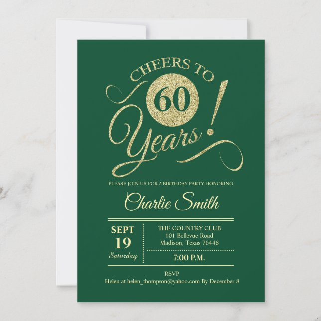 60th Birthday Party - Green Gold Invitation (Front)