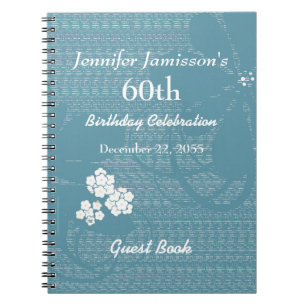 60th Birthday Party Guest Book Blue, White Floral