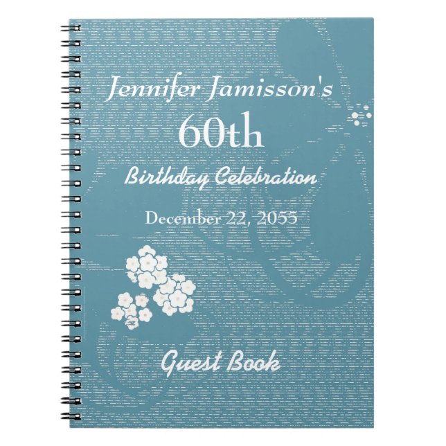 60th Birthday Party Guest Book Blue, White Floral (Front)