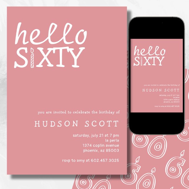  60th Birthday Party Hello Sixty Modern Pink Invitation (Creator Uploaded)