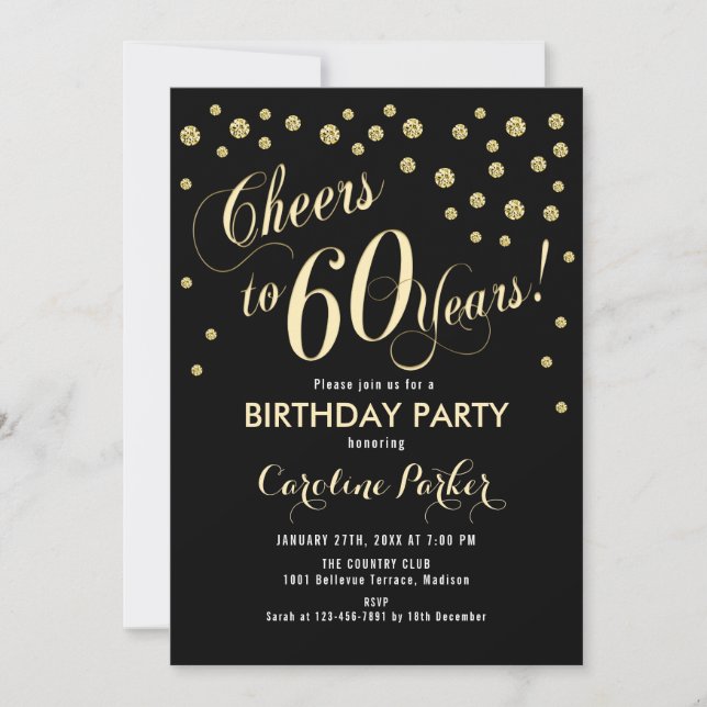 60th Birthday Party Invitation - Gold Black (Front)