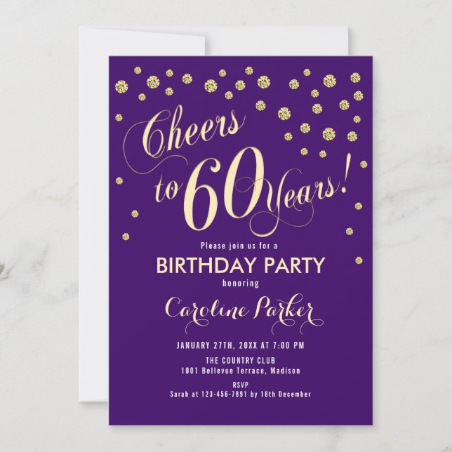 60th Birthday Party Invitation - Gold Purple (Front)