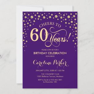 60th Birthday Party Invitation - Gold Purple