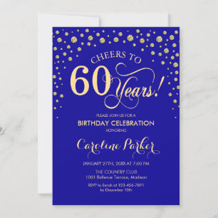 60th Birthday Party Invitation - Gold Royal Blue