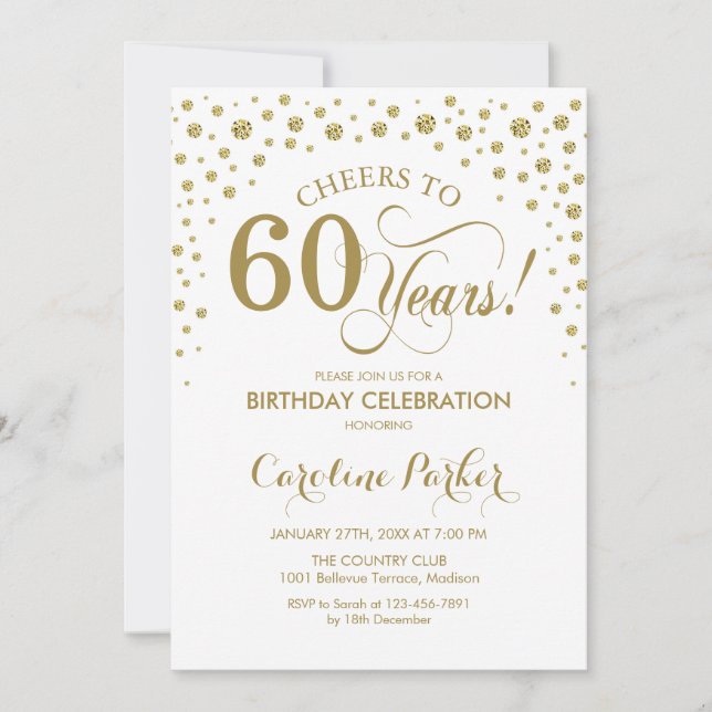 60th Birthday Party Invitation - Gold White (Front)