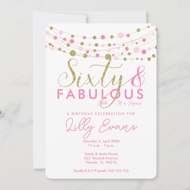 60th birthday party invitation, pink and gold invitation (Front)