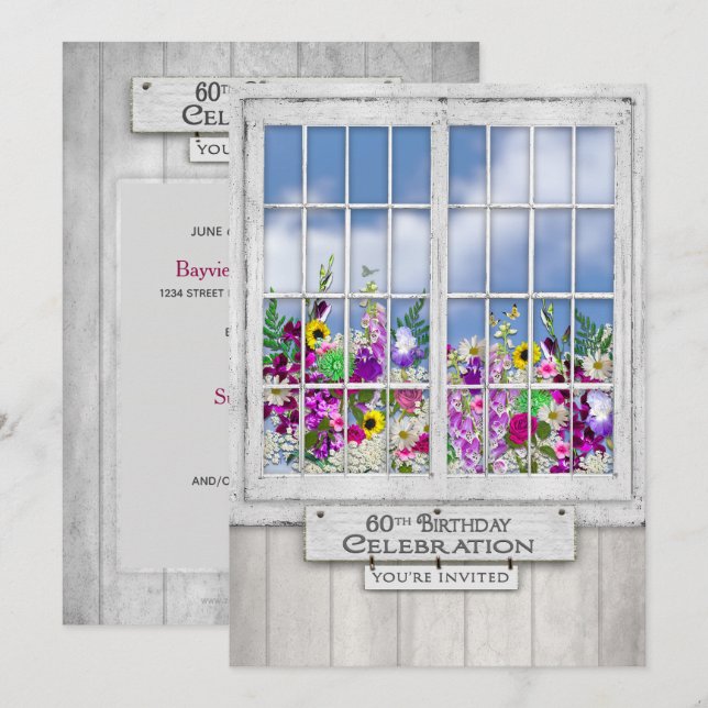 60th Birthday Party INVITATION, Rustic Window Invitation (Front/Back)