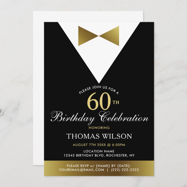 60th Birthday Party Invitations Black Gold Tuxedo (Front/Back)