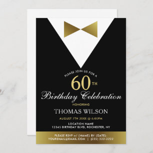60th Birthday Party Invitations Black Gold Tuxedo