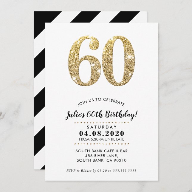 60TH BIRTHDAY PARTY INVITE modern gold glitter (Front/Back)