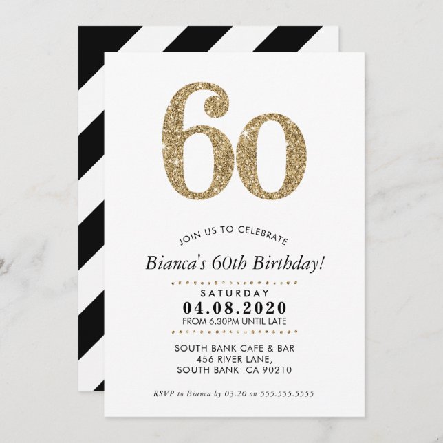 60TH BIRTHDAY PARTY INVITE modern gold glitter (Front/Back)