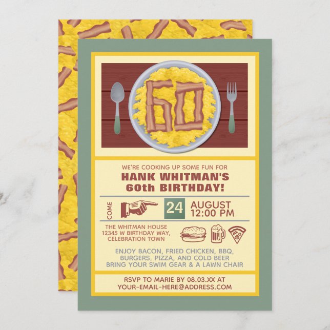 60th Birthday Party Mens Funny Bacon Eggs Theme Invitation (Front/Back)