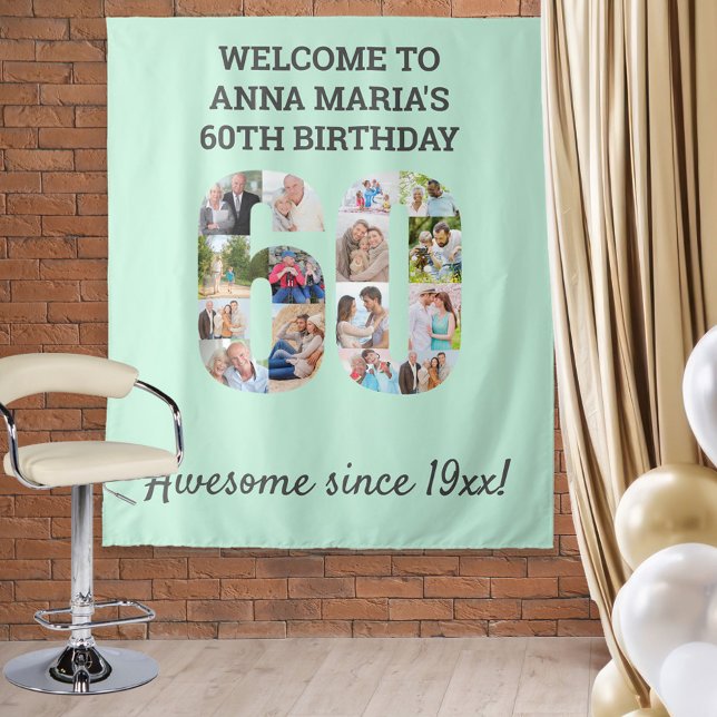 60th Birthday Party Mint Photo Collage Backdrop Tapestry (Creator Uploaded)