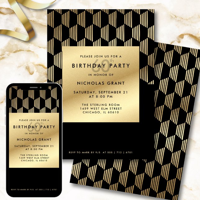 60th Birthday Party Modern Black and Gold Foil Invitation (Creator Uploaded)