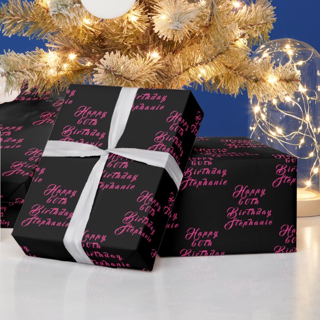 60th Birthday Party Name Black Pink Modern Pattern Wrapping Paper (Holidays)