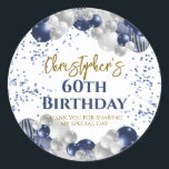 60th Birthday Party Navy Balloons Classic Round Sticker<br><div class="desc">A gorgeous 60th birthday party or celebration favour sticker. This fabulous navy blue and silver balloons design is the perfect  way to decorate your favour bags for a 60th celebration or sixtieth party.</div>