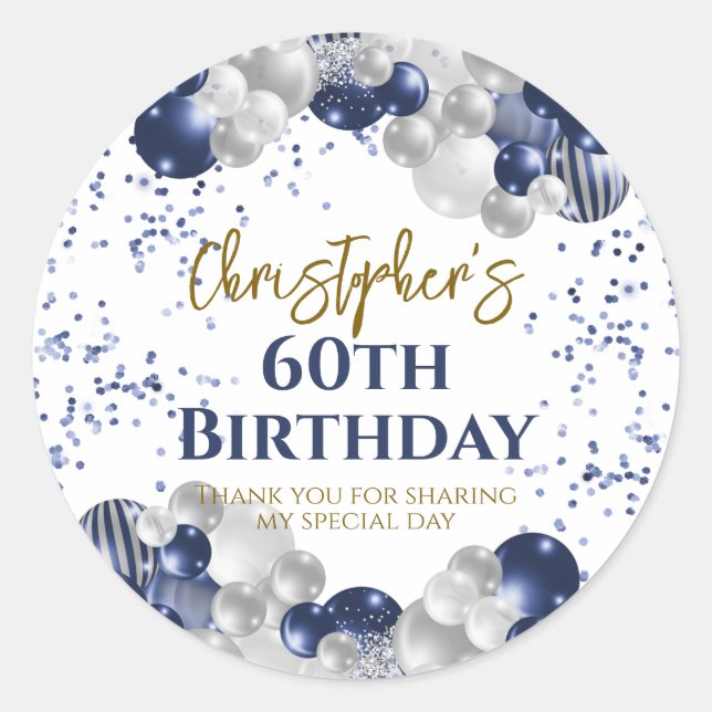 60th Birthday Party Navy Balloons Classic Round Sticker (Front)