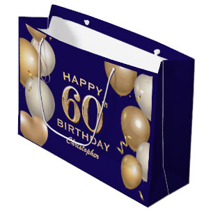 60th Birthday Party Navy Blue and Gold Balloons Large Gift Bag