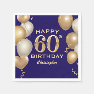 60th Birthday Party Navy Blue and Gold Balloons Napkin
