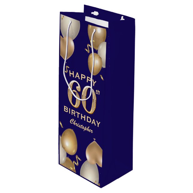 60th Birthday Party Navy Blue and Gold Balloons Wine Gift Bag (Front Angled)