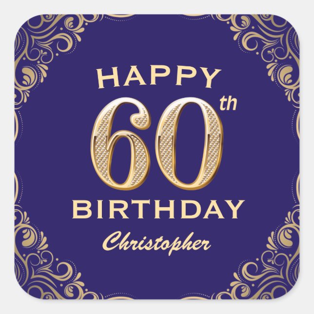 60th Birthday Party Navy Blue and Gold Glitter Square Sticker (Front)