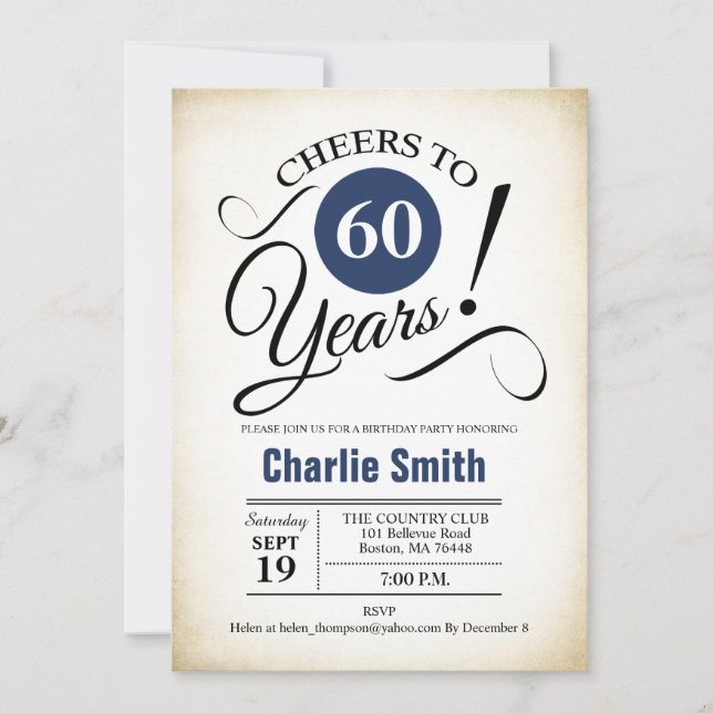 60th Birthday Party - Navy Blue Black White Invitation (Front)
