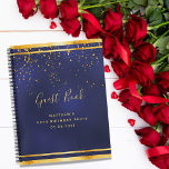 60th Birthday Party navy blue gold guest book<br><div class="desc">A 60th Birthday Party informal Guest Book for him, boy, guy in dark blue, navy blue background. The blue colour is uneven. With a faux gold frame and golden confetti sprinkle, golden coloured letters. The title Guest Book is written with modern hand lettered style script. Template for a name, age...</div>