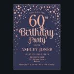 60th Birthday Party - Navy & Rose Gold Invitation<br><div class="desc">60th Birthday Party Invitation.
Elegant design in navy blue and faux glitter rose gold. Features stylish script font and confetti. Message me if you need custom age.</div>